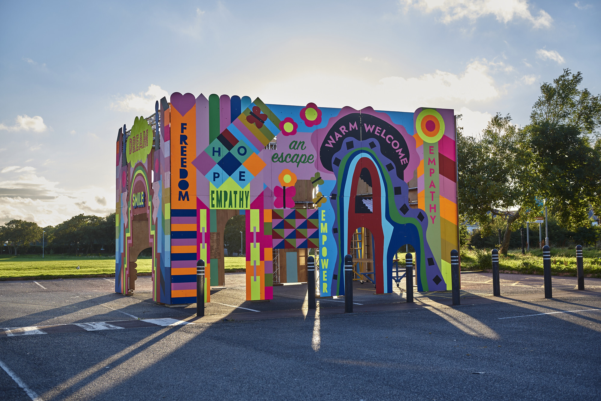 Image: Morag Myerscough's pop-up pavilion, a LeftCoast project, at Claremont park, Blackpool. Photo Credit Garry Cook.