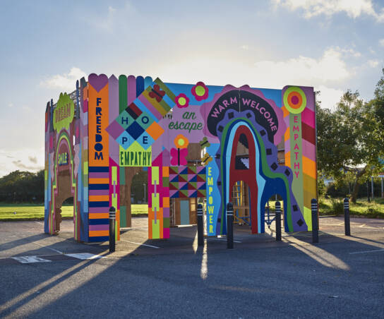 Image: Morag Myerscough's pop-up pavilion, a LeftCoast project, at Claremont park, Blackpool. Photo Credit Garry Cook.